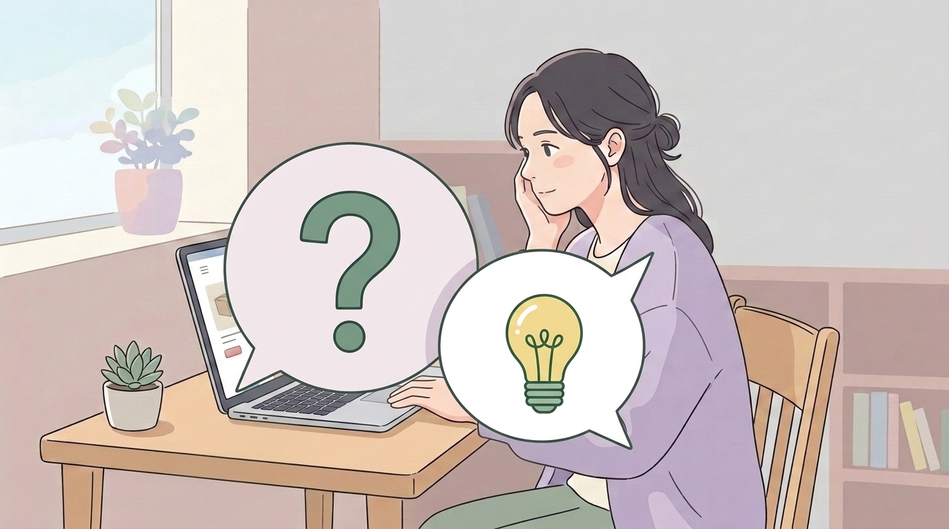 疑問符の吹き出しと電球アイコンの回答吹き出しが並ぶFAQイメージイラスト