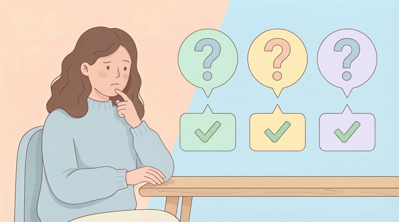 よくある質問と回答を考える女性のイラスト