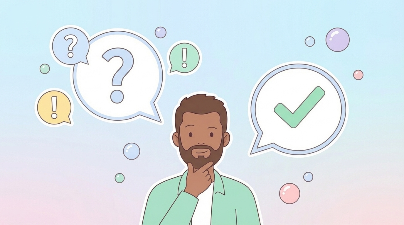 疑問と答えのバブルを持つ人物のFAQイラスト