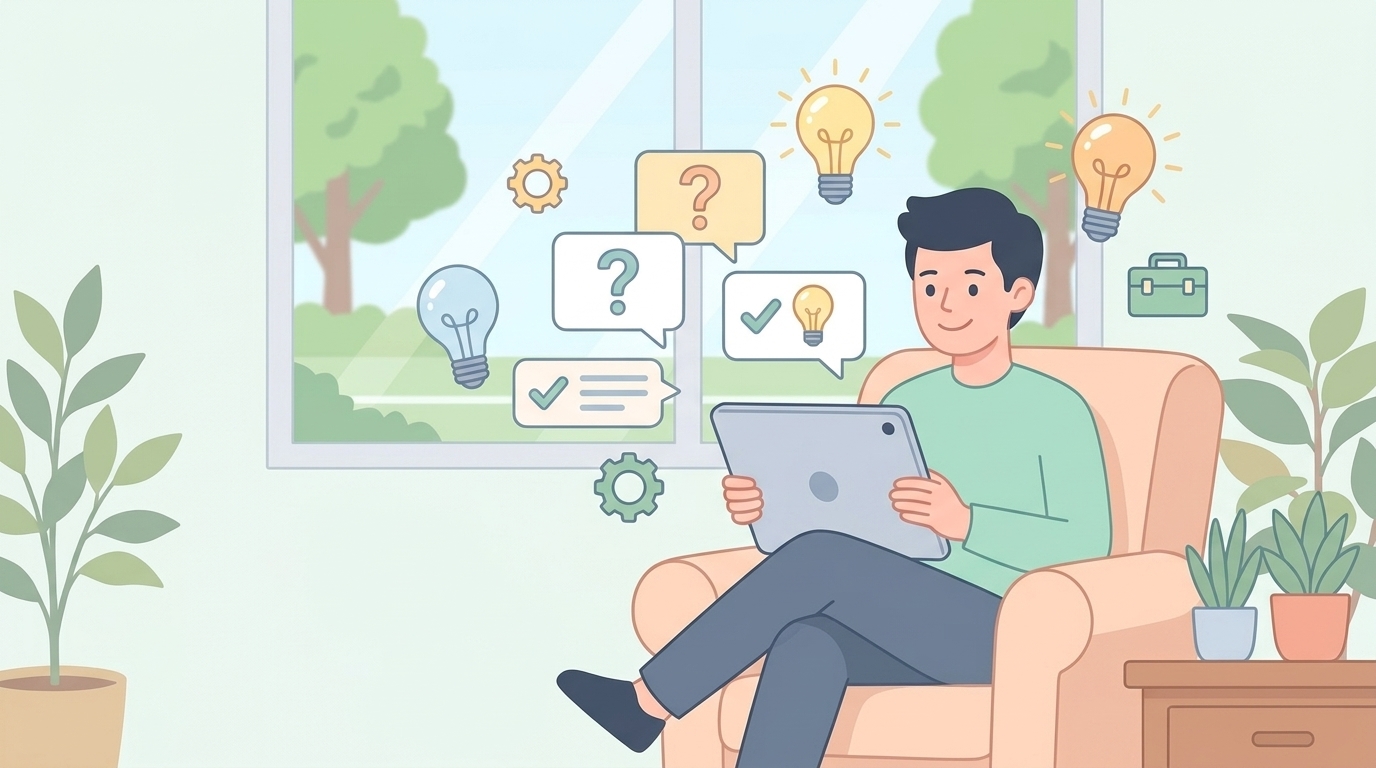 よくある質問と回答を確認する男性のイラスト