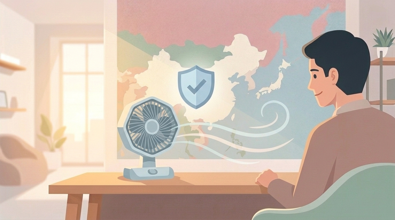 サーキュレーターとともに安心した表情の人物と信頼シールドのイラスト