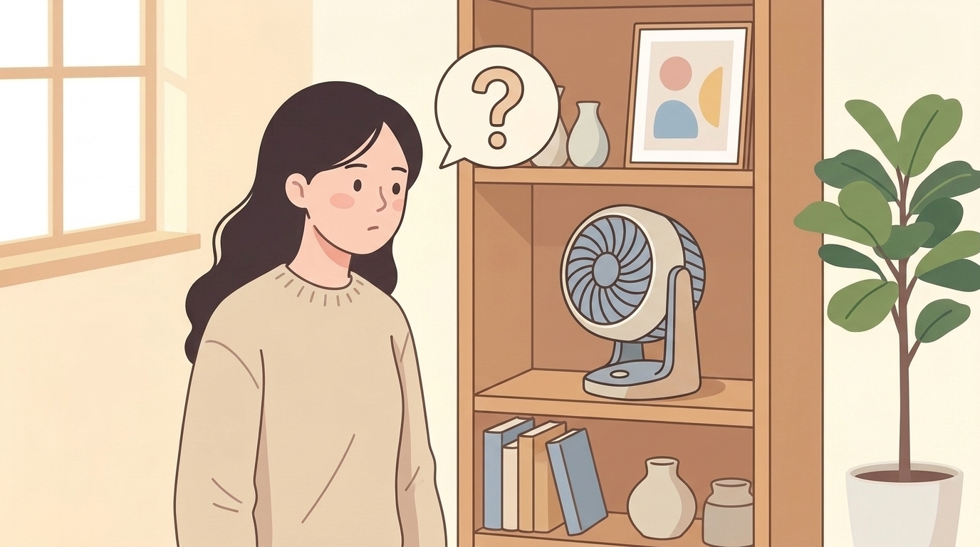 棚のサーキュレーターを見て疑問を持つ女性のイラスト