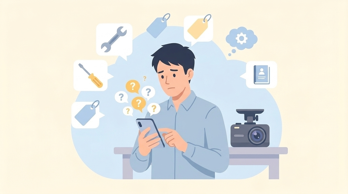 ドラレコに関するよくある疑問をスマホで調べる男性のイラスト