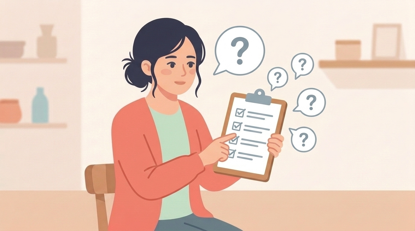 チェックリストを持ちながら疑問符の吹き出しを見る女性のイラスト