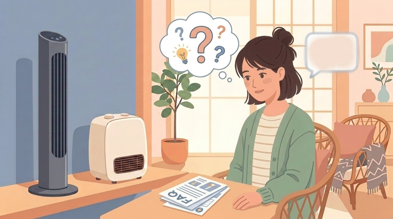 FAQシートとタワーファンの前で考える女性のイラスト