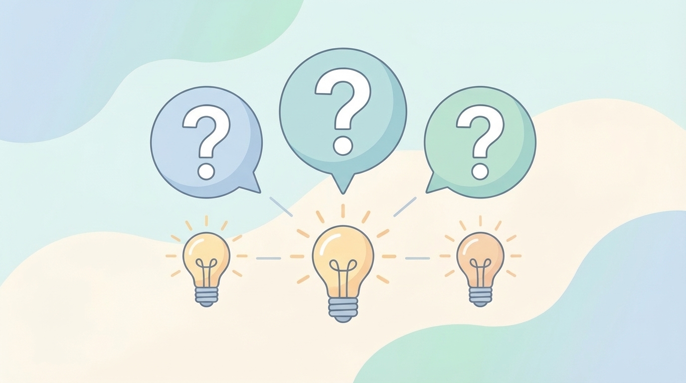 質問マークと電球アイコンが並ぶFAQイラスト