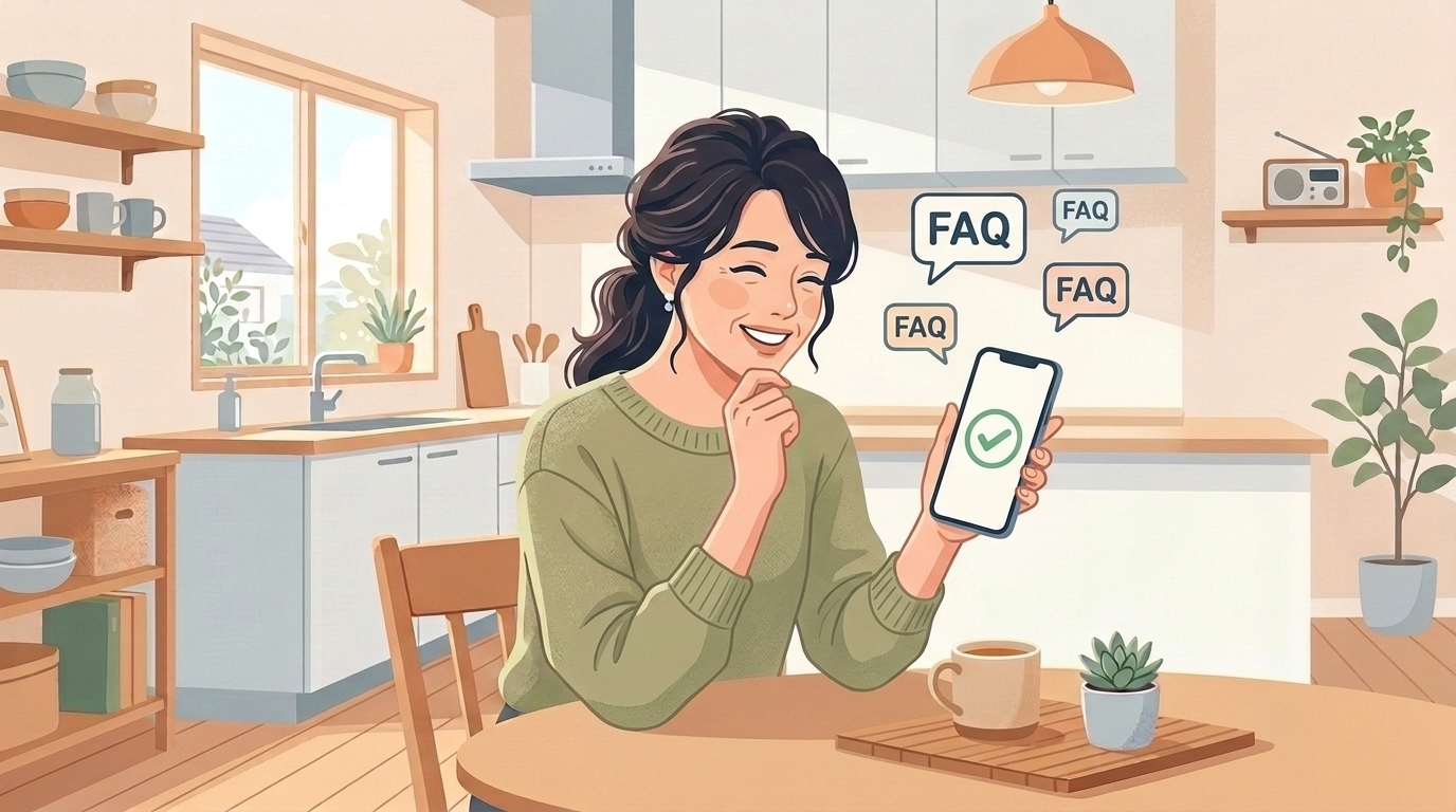 FAQの答えを見つけて安堵する女性のイラスト