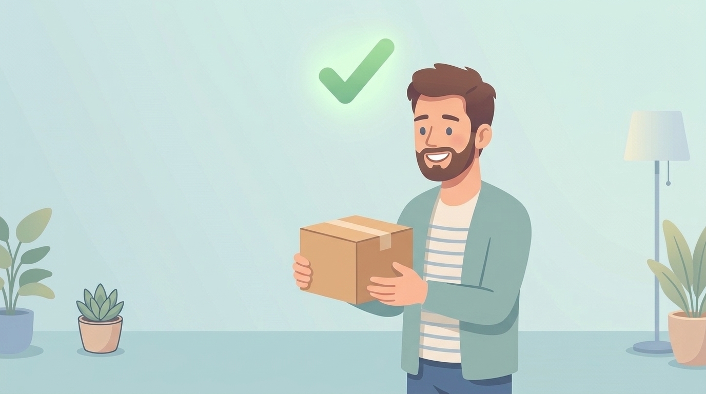 商品を受け取って満足している男性のイラスト