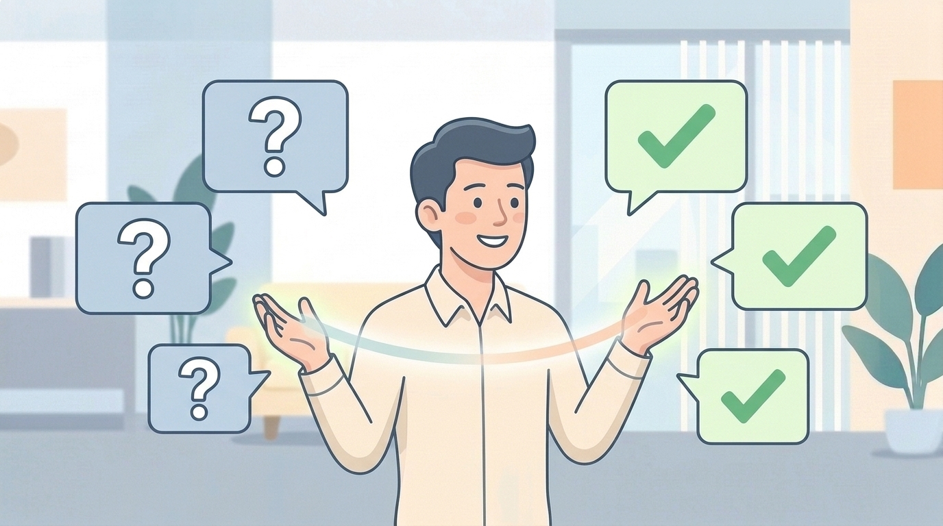 質問と回答の吹き出しが並ぶFAQセクションのイラスト