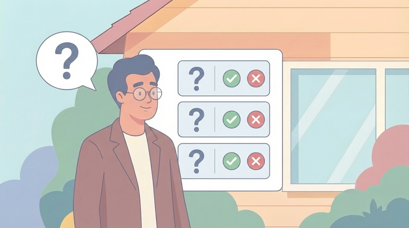 よくある質問ボードを確認する男性のイラスト