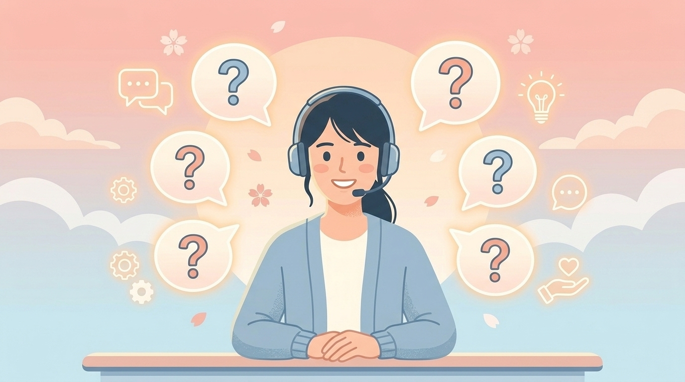 質問バブルに囲まれたサポートスタッフのフラットイラスト