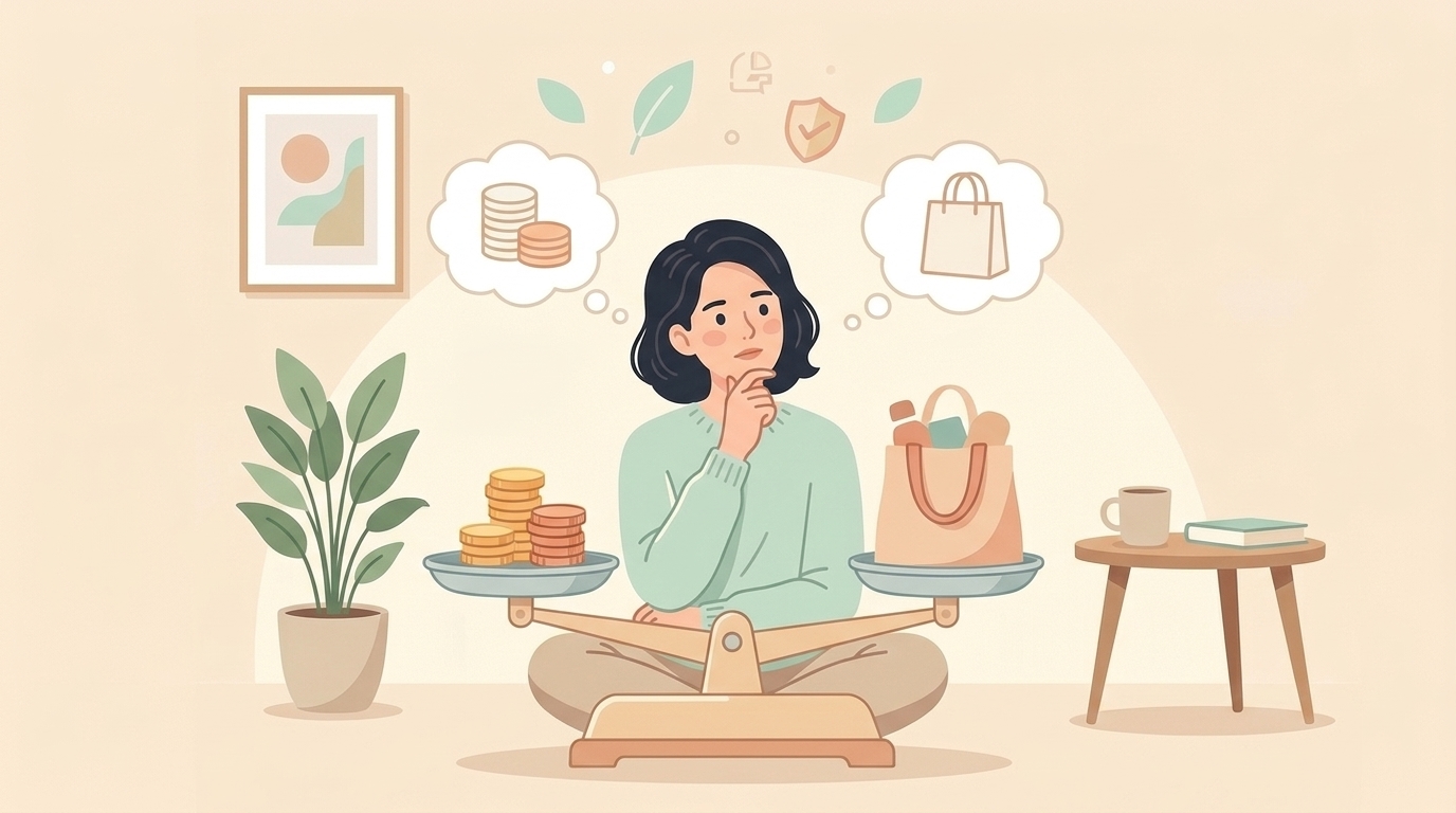 天秤でコストと価値を比較する購入判断のイラスト