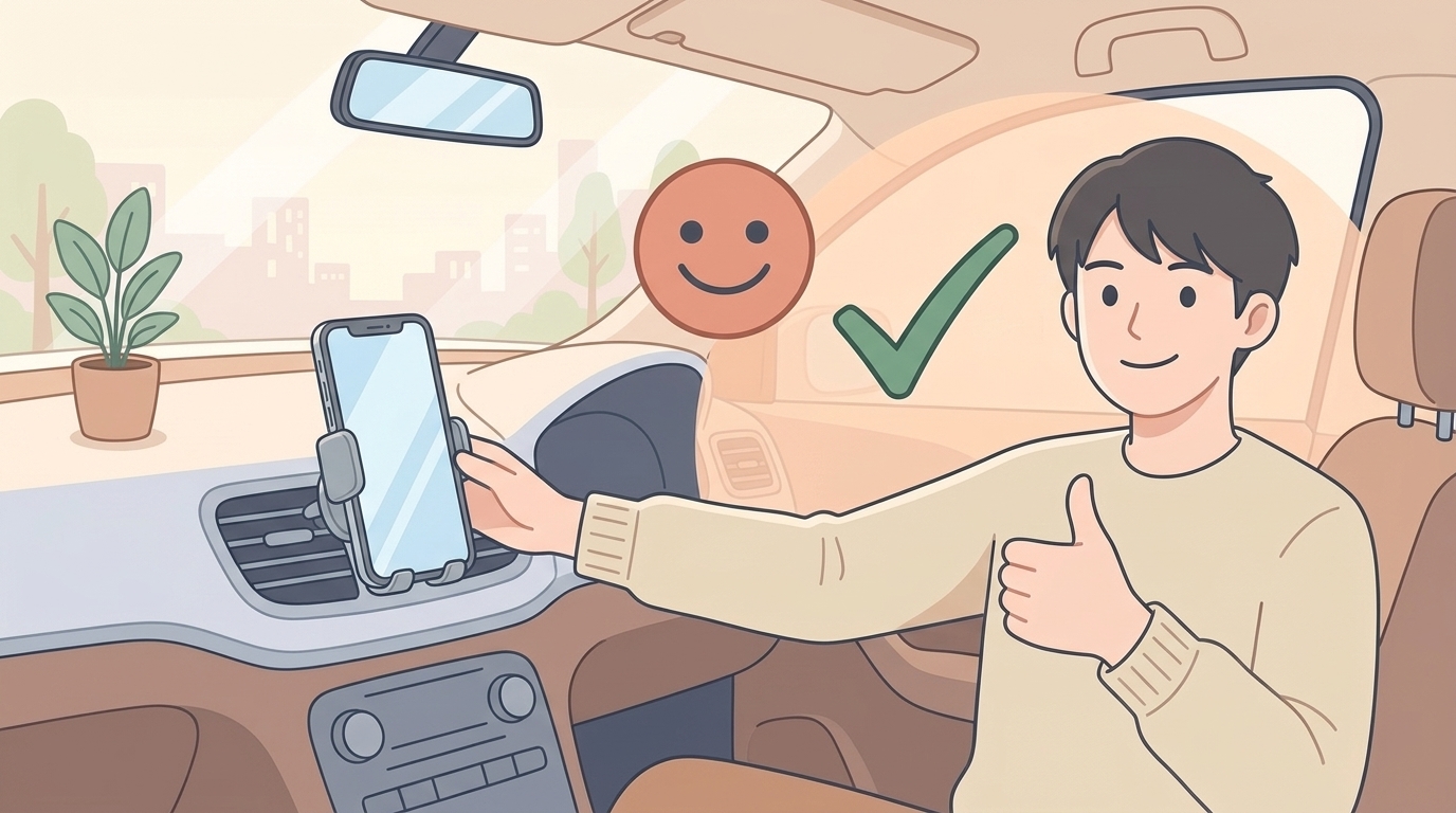車内でサムズアップする男性のイラスト