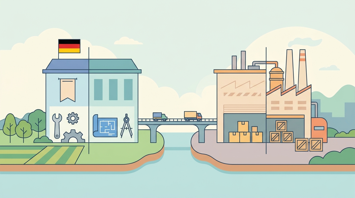 ドイツ技術と中国工場の関係を表すイメージイラスト