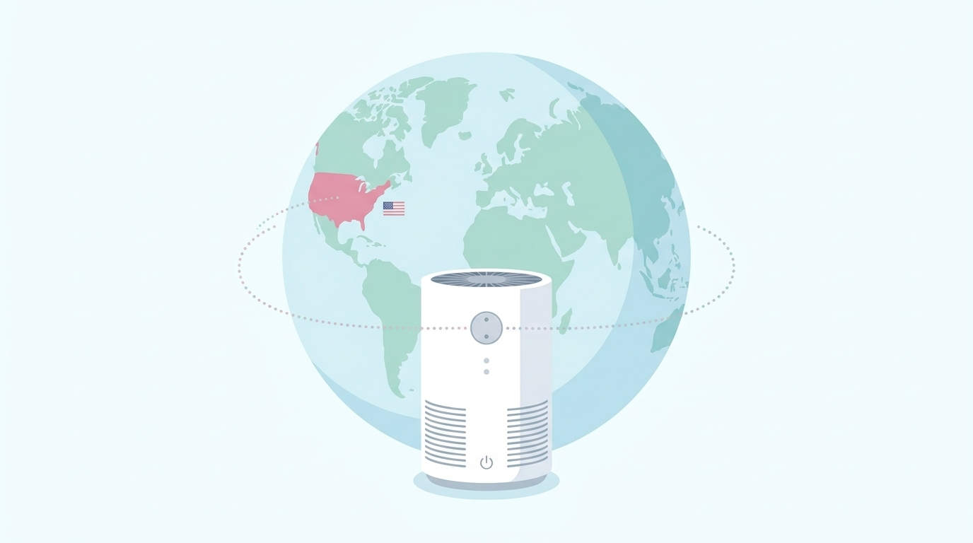 アメリカを強調した地球と空気清浄機を繋ぐグローバルブランドのイラスト