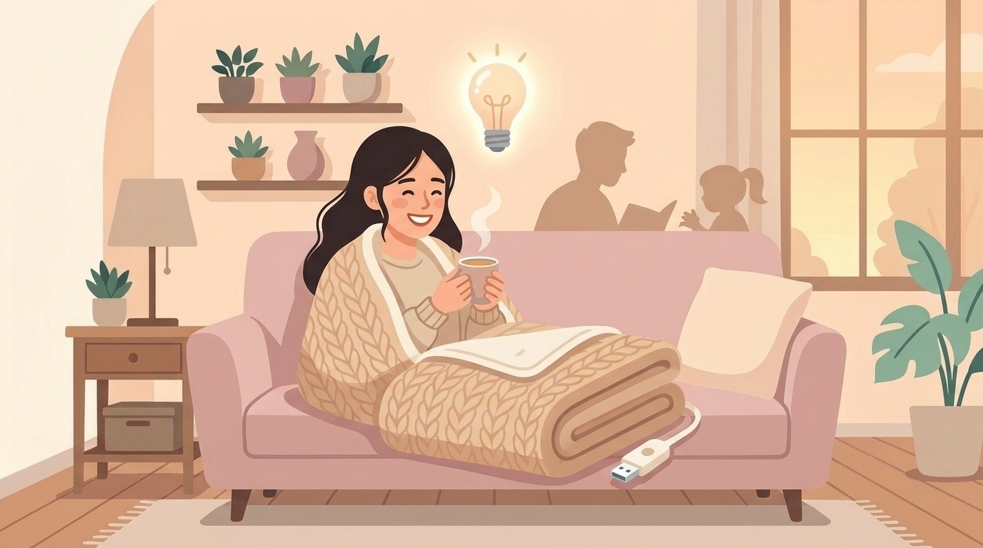 電気毛布にくるまって満足そうに笑う女性のイラスト