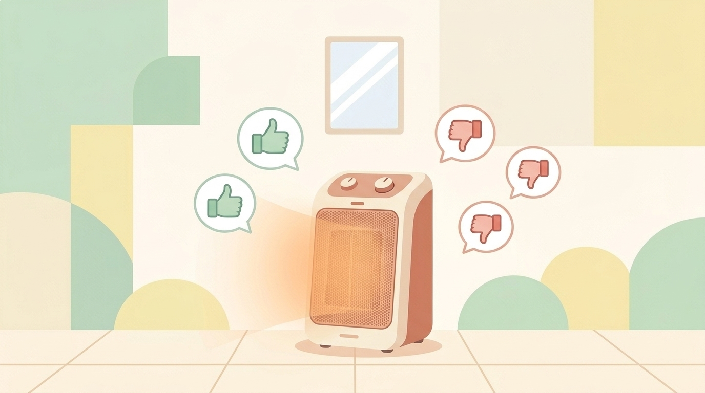 セラミックヒーターを囲む高評価・低評価の吹き出しのイラスト