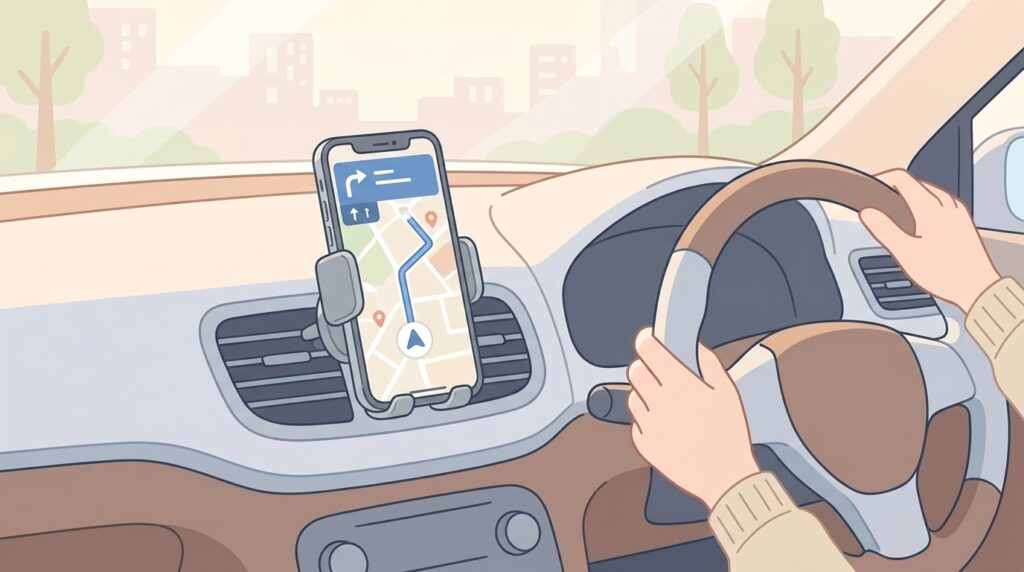 車内ダッシュボードにスマホホルダーを取り付けたイラスト