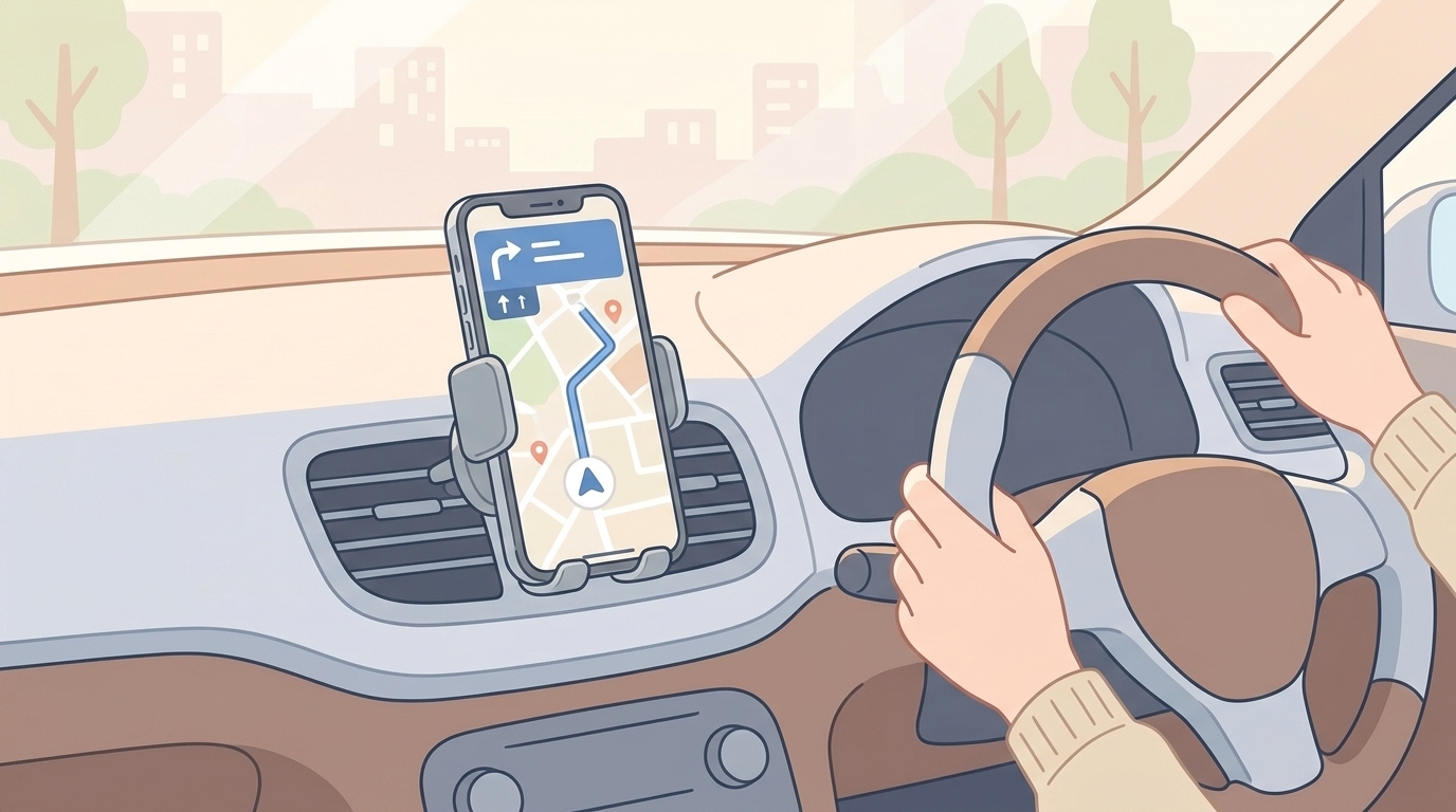 車内ダッシュボードにスマホホルダーを取り付けたイラスト