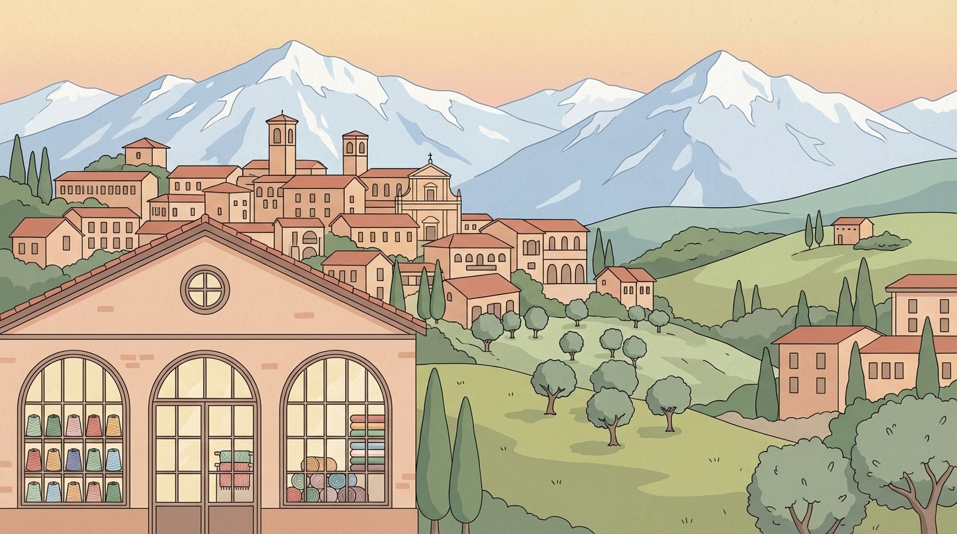 イタリア・ビエラの丘陵地帯とニット工場のイラスト