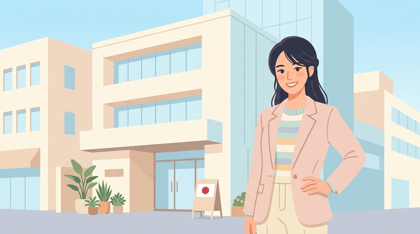 福岡の日本企業ビルの前に立つ自信ある女性ビジネスパーソンのイラスト