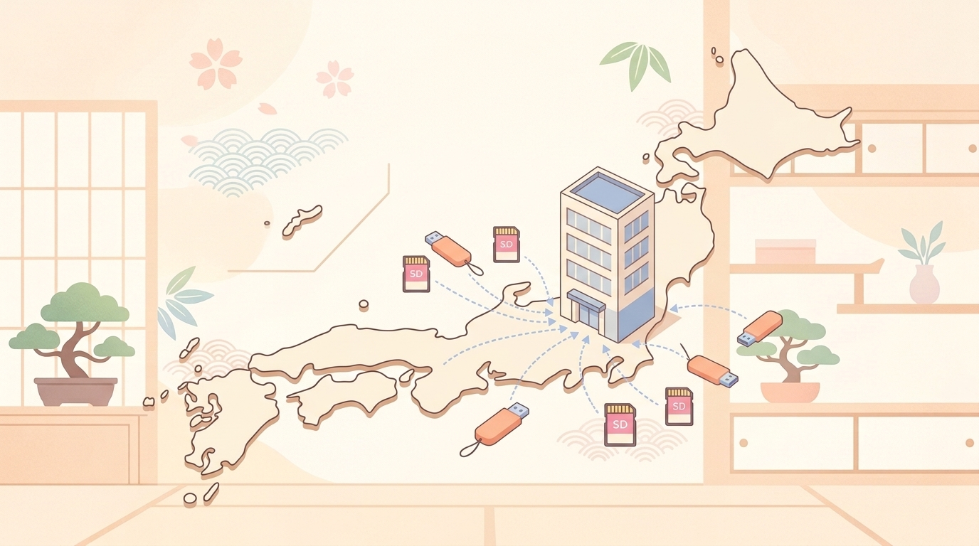 日本地図と企業ビル、SDカード・USBメモリのフラットイラスト