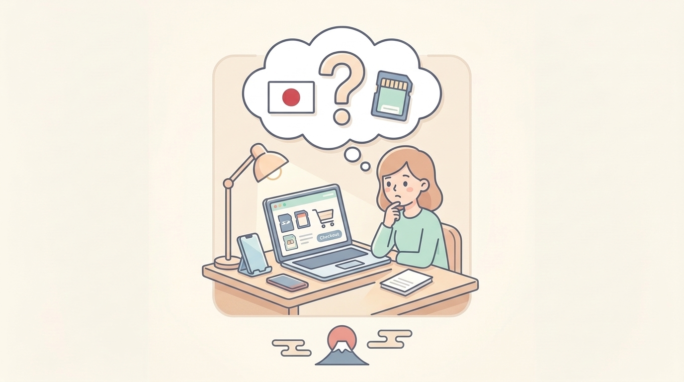 ノートパソコンでオンラインショッピングをしながら日本ブランドか考える人のイラスト