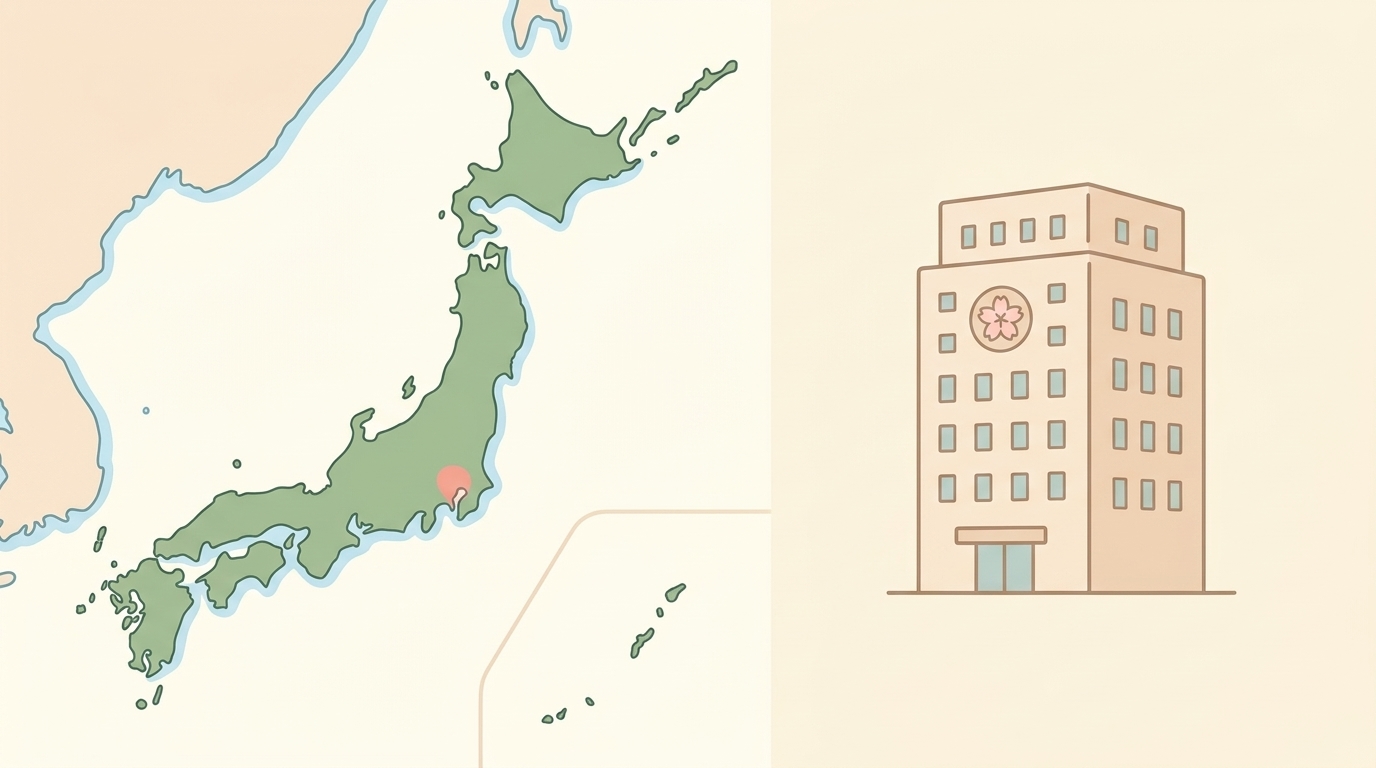 日本地図と会社建物のフラットイラスト