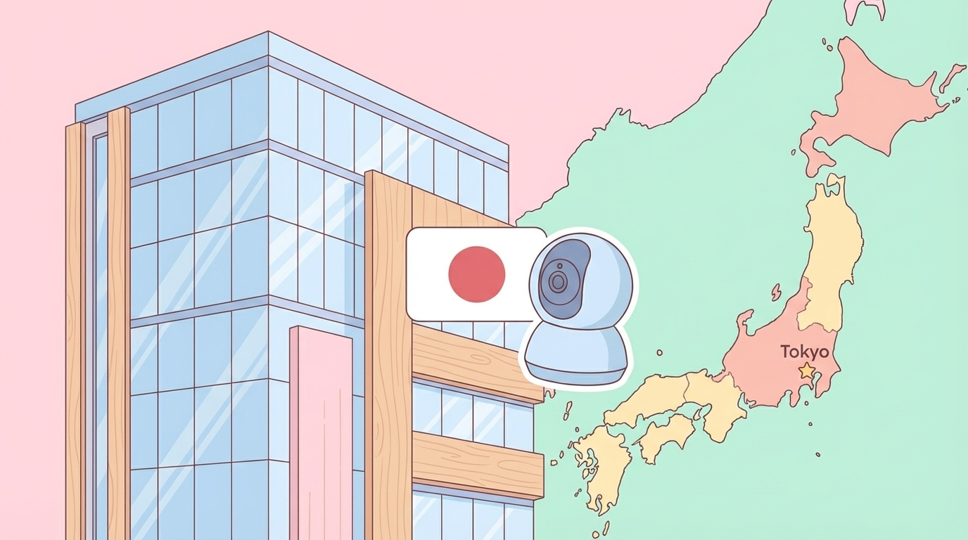 日本地図と日本の国旗アイコンと防犯カメラのフラットイラスト