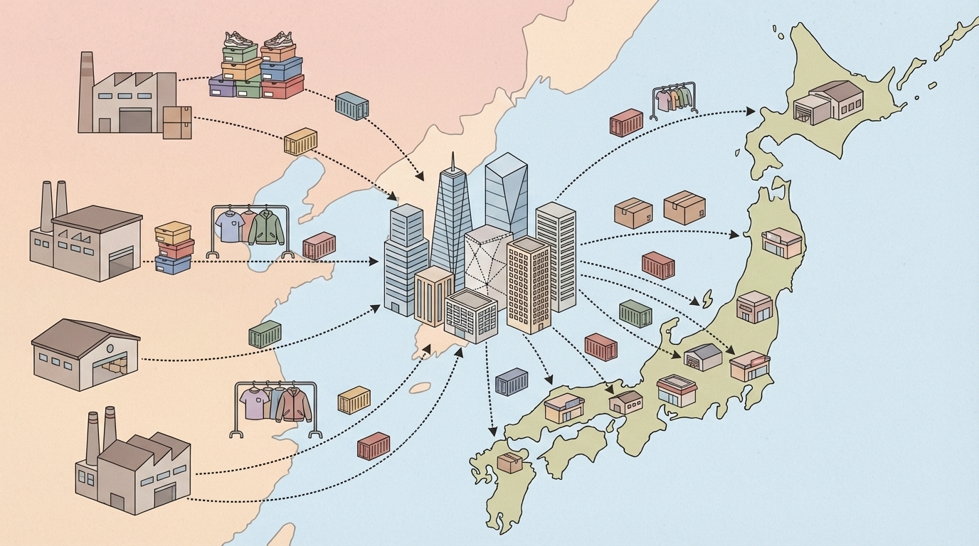 日本のファッション流通網と商社の関係を表すイラスト