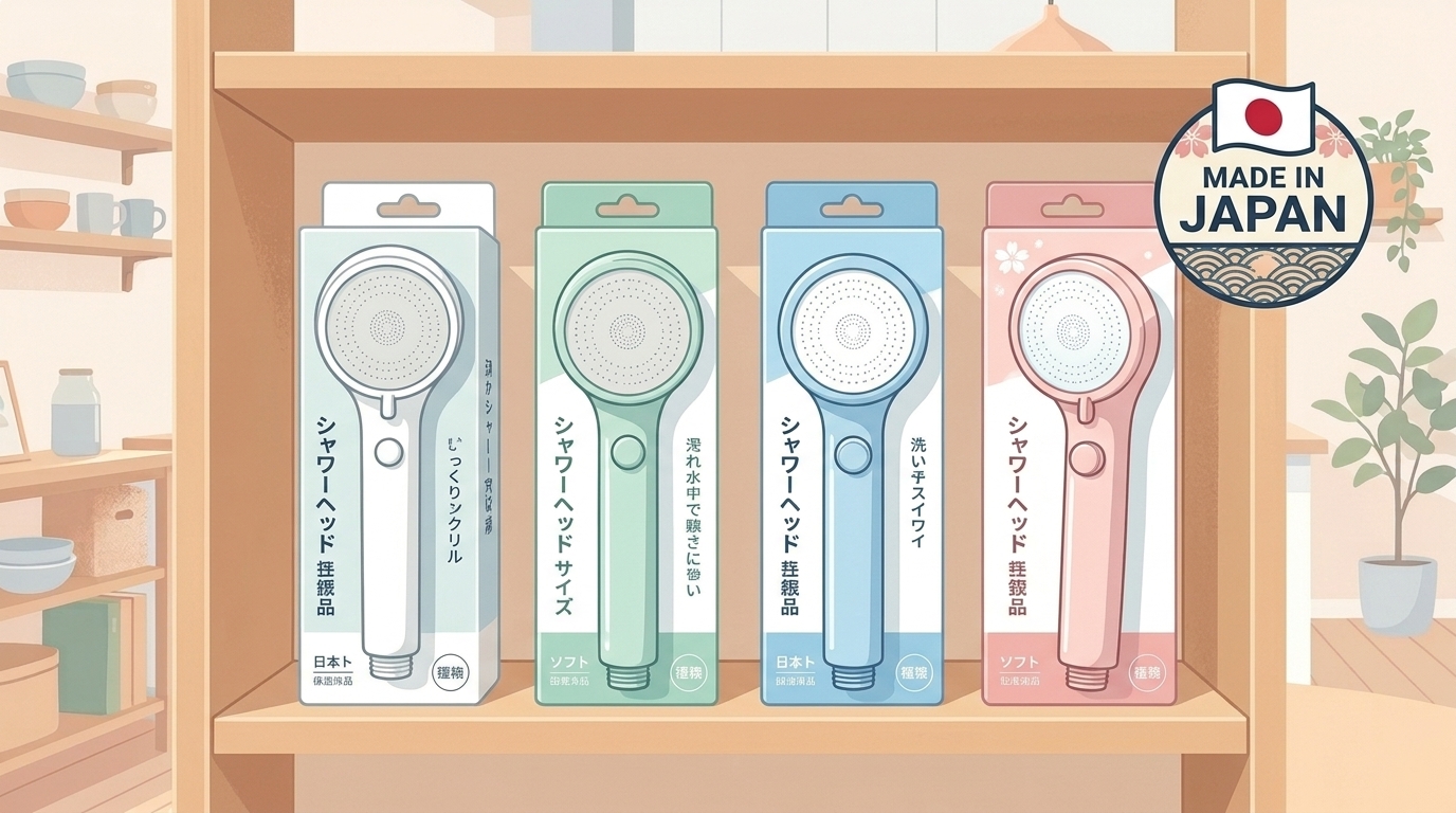 棚に並んだ日本製シャワーヘッドのパッケージのイラスト