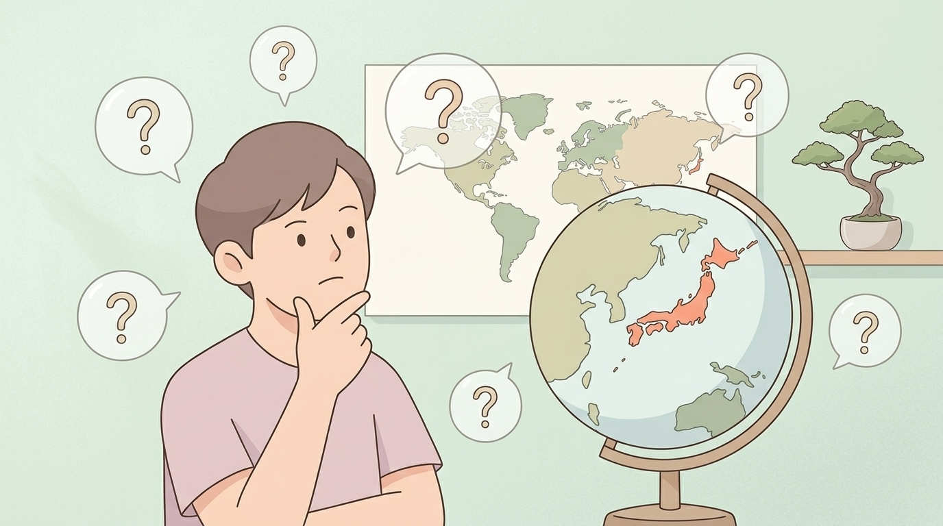 地球儀を見ながら日本を示す人物のイラスト