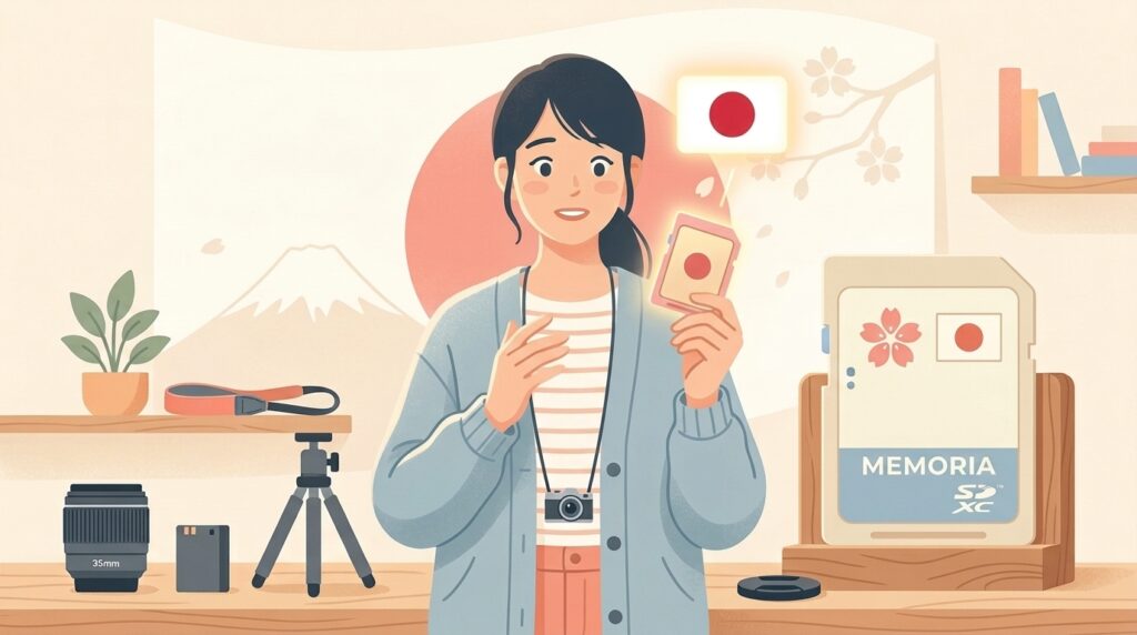 日本製メモリーカードを手に安心する人のフラットイラスト