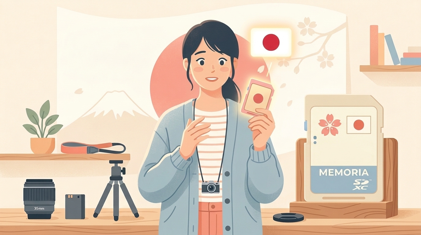 日本製メモリーカードを手に安心する人のフラットイラスト