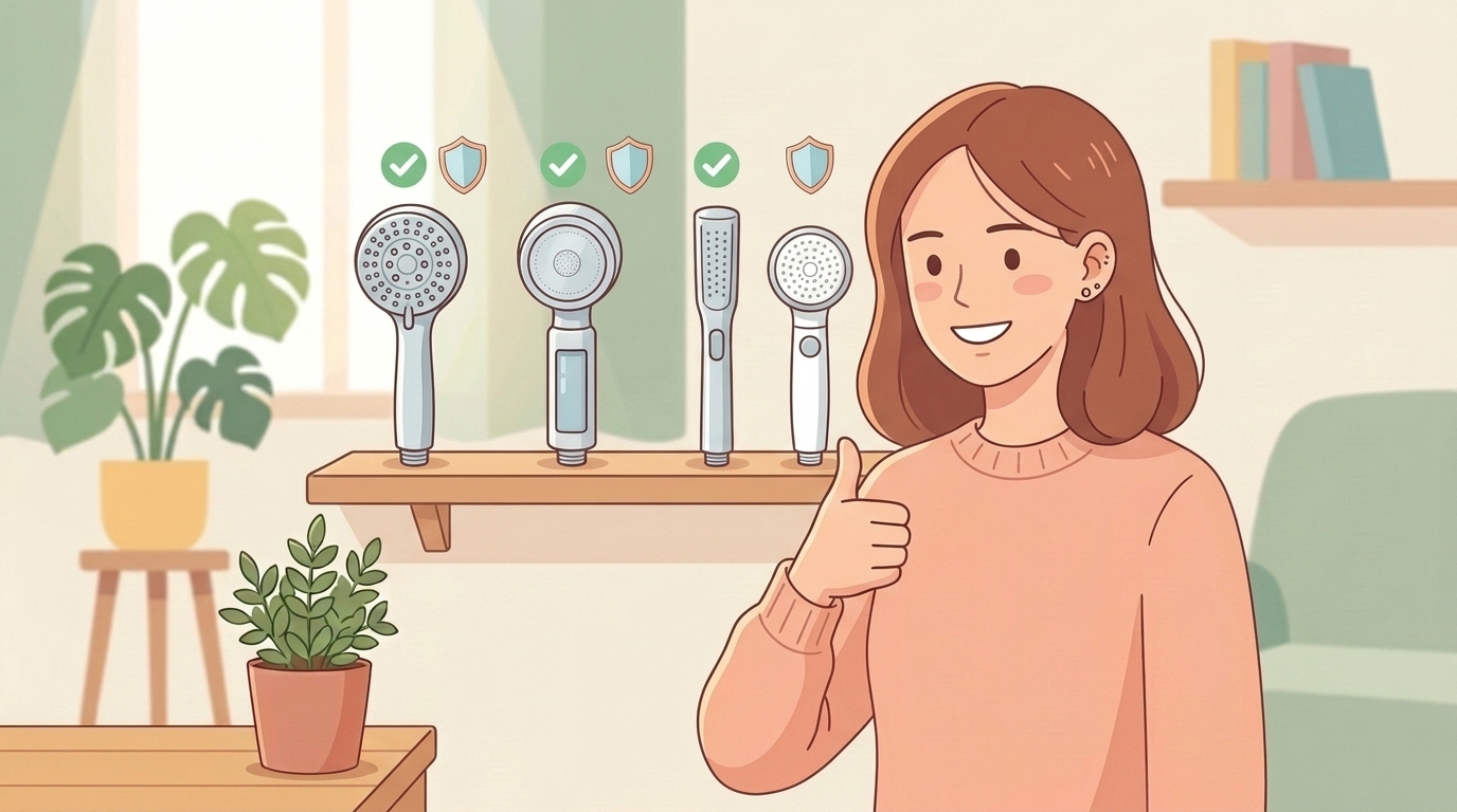 日本製シャワーヘッドとチェックマークで信頼性を示すイラスト