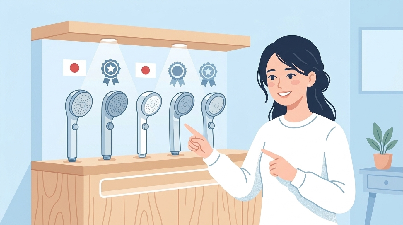 日本製シャワーヘッド6本がショーケースに並ぶイラスト