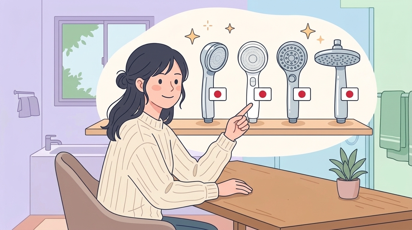 日本製バッジ付きシャワーヘッド5本を指差す女性のイラスト