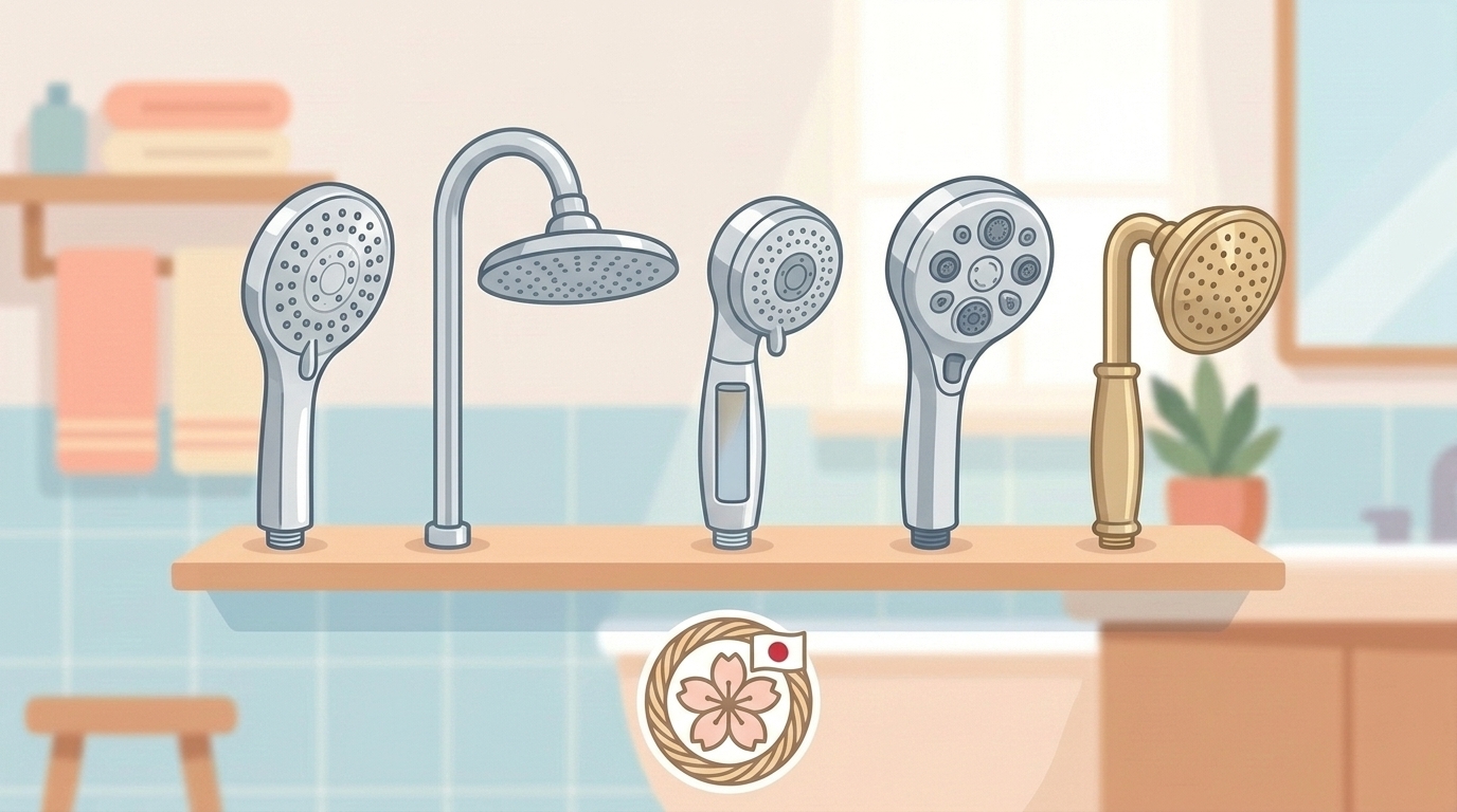 棚に並ぶ5種類の日本製シャワーヘッドとジャパンクオリティバッジのイラスト