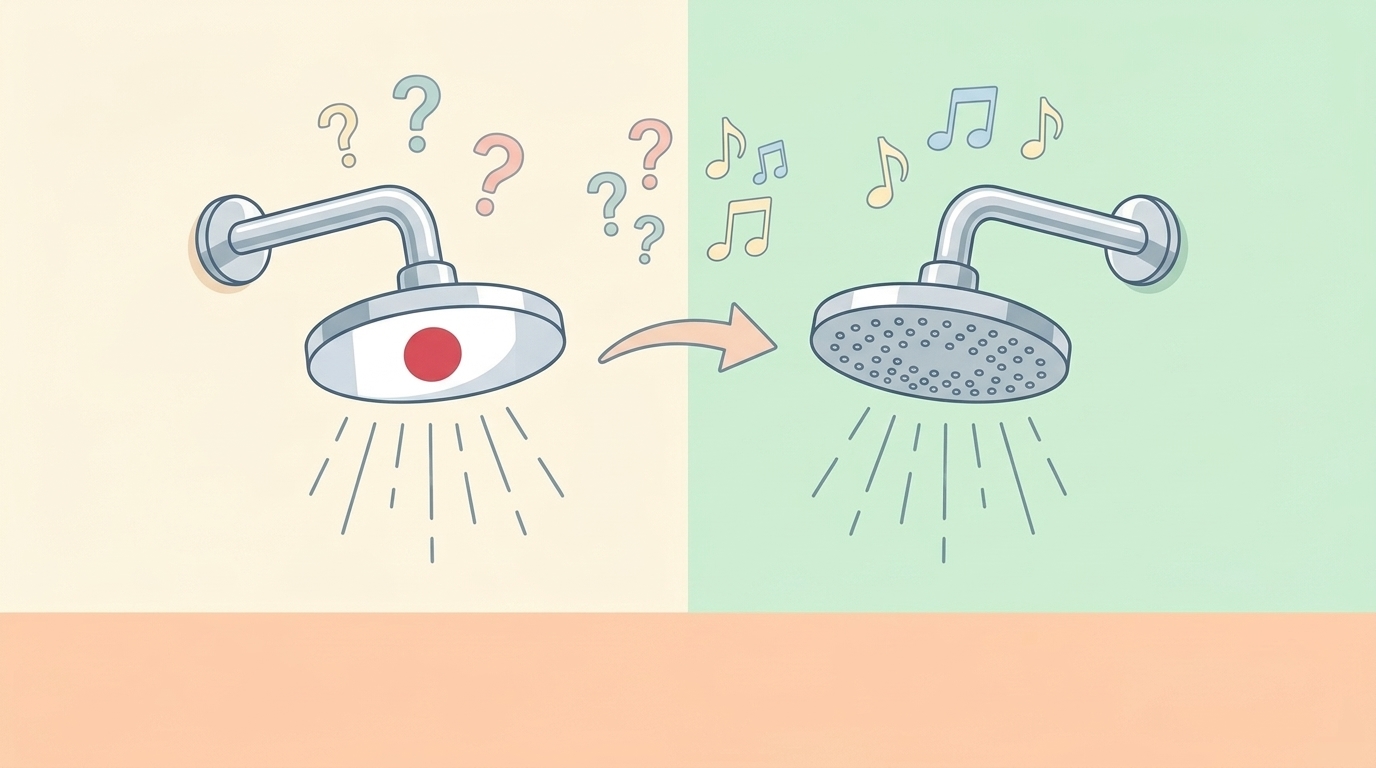 2つのシャワーヘッドが比較される矢印付きのイラスト