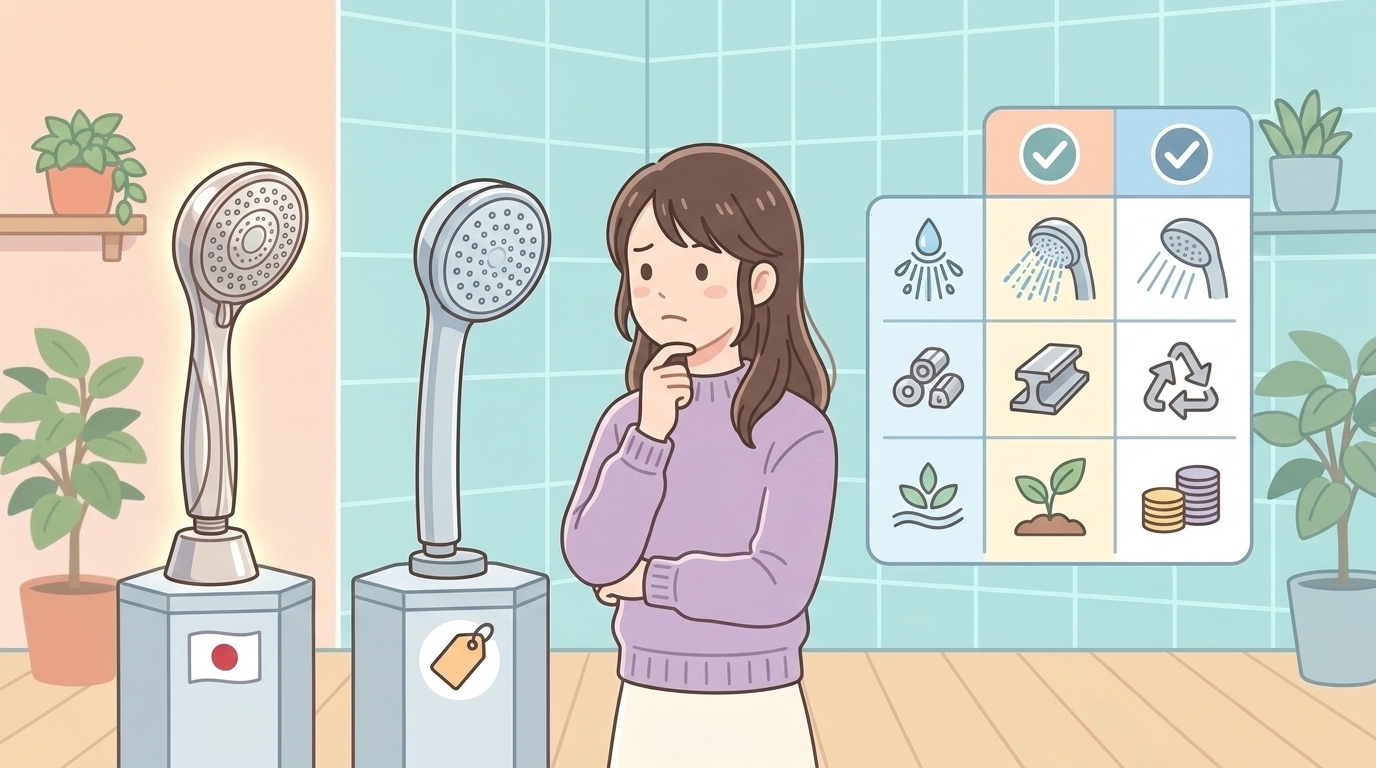 日本製と中国製シャワーヘッドを比較する女性のイラスト