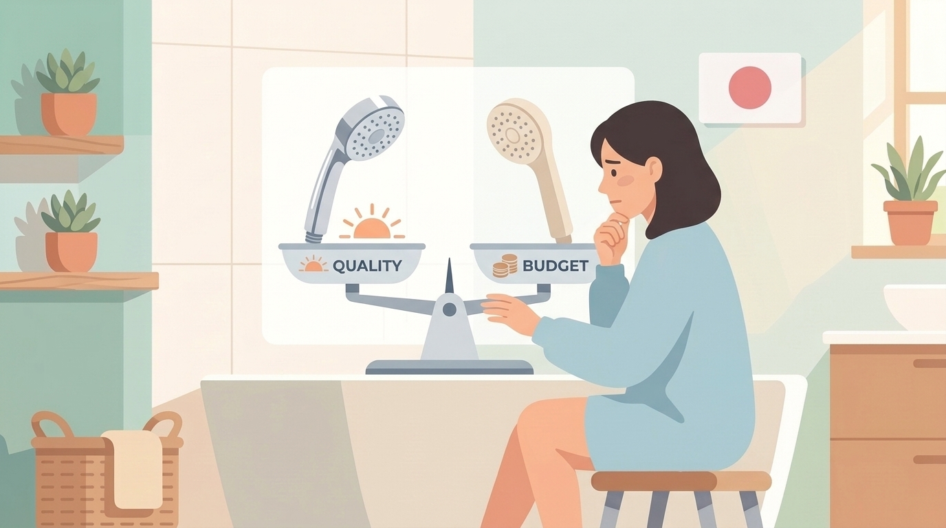 日本製と中国製シャワーヘッドを天秤で比較する女性のイラスト