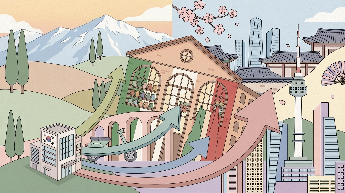 韓国企業によるイタリアブランド逆買収を表すイラスト