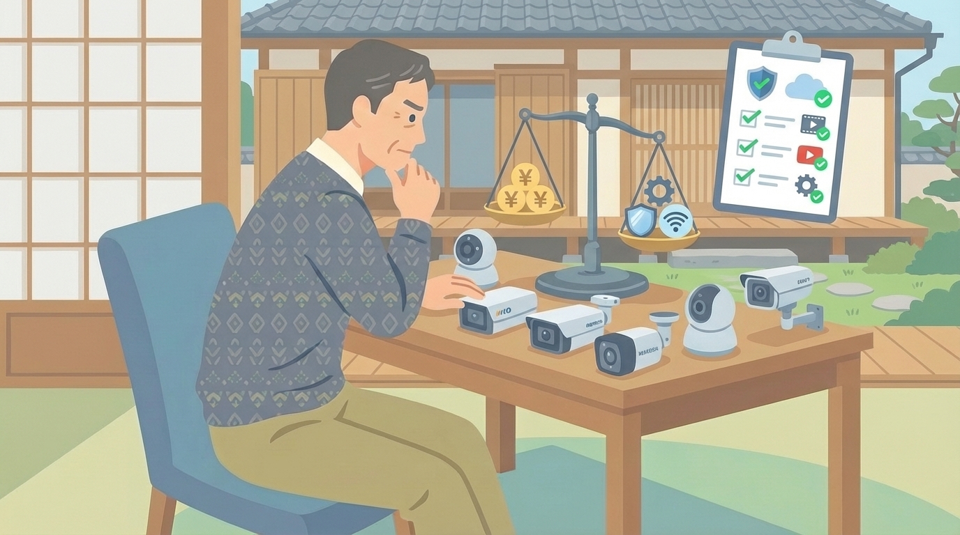 複数の防犯カメラを比較検討する男性のイラスト