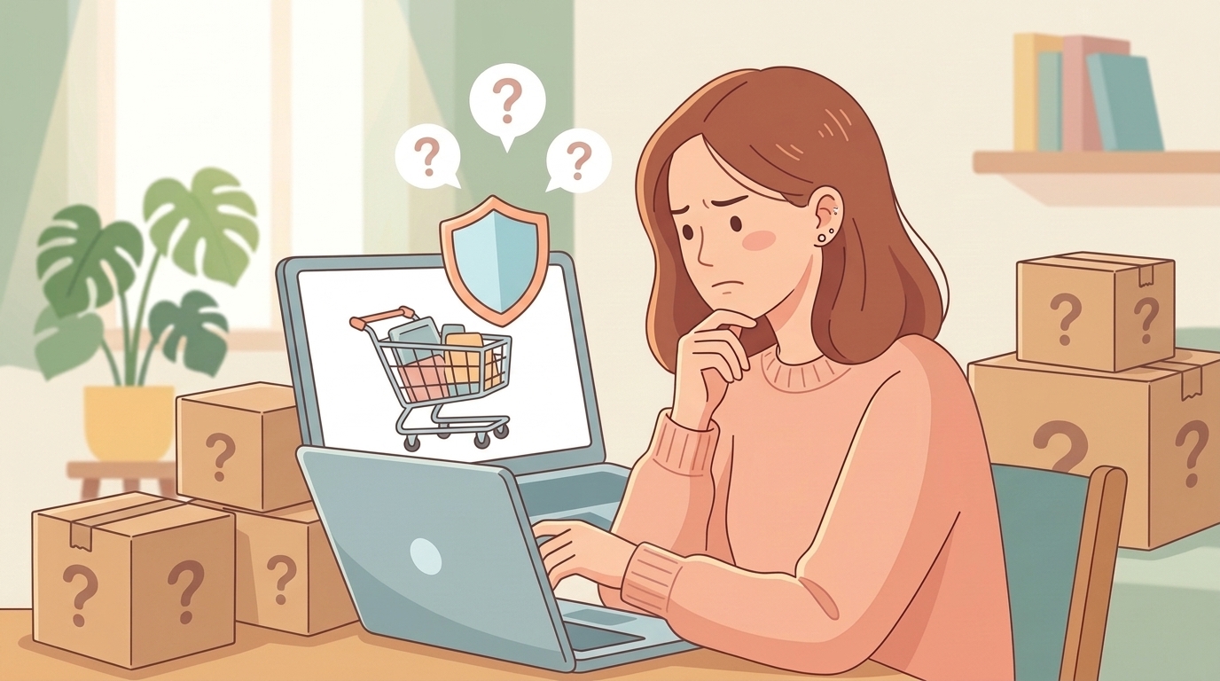 ショッピングカートと疑問符ダンボールが並ぶリスクイメージイラスト