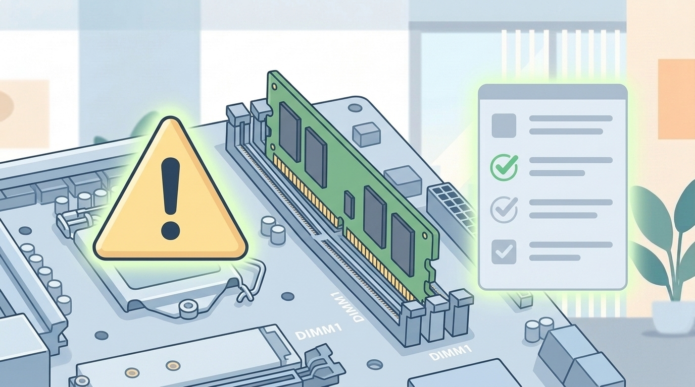 メモリ増設時の互換性チェックリストと注意アイコンのイラスト