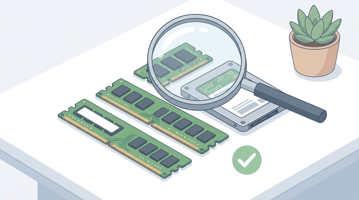 RAMとSSDを虫眼鏡で品質チェックするイラスト