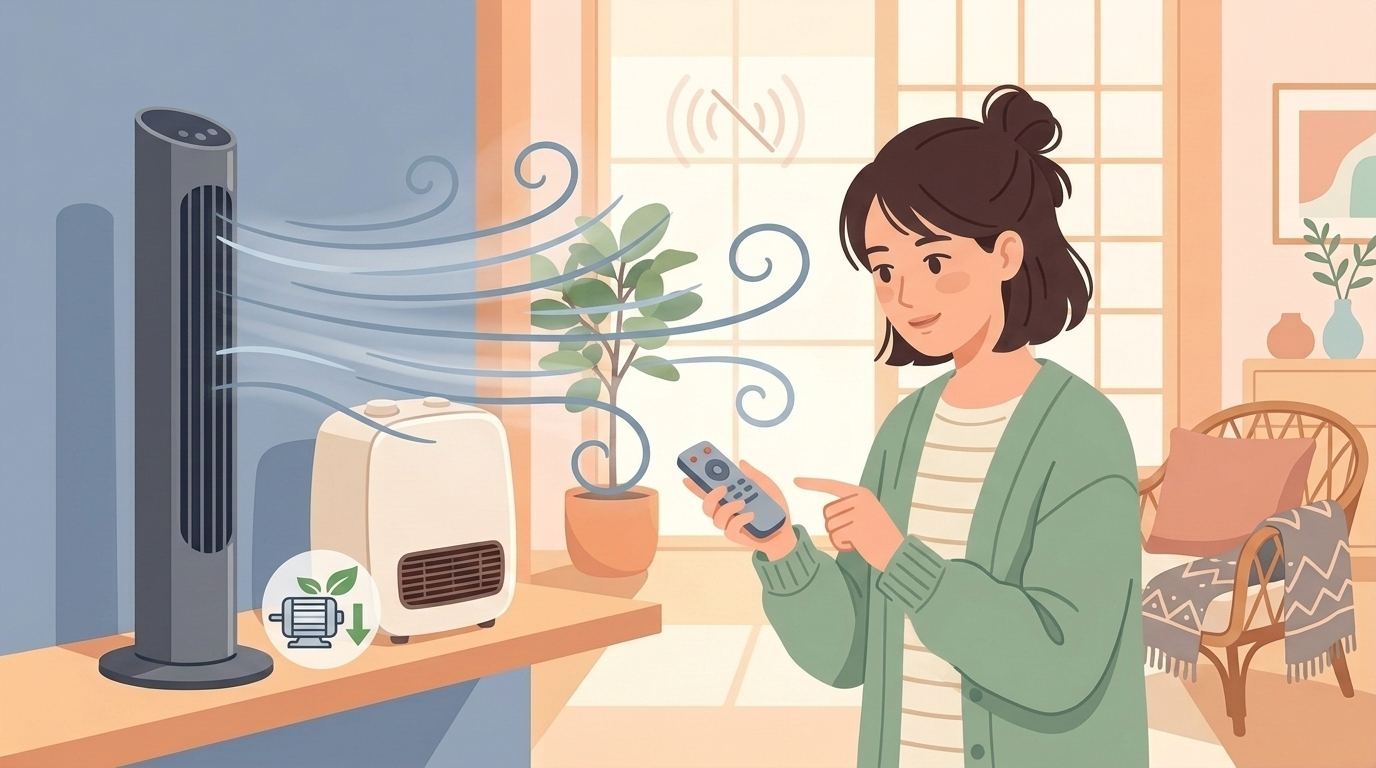 リモコンを持ちタワーファンの風を感じる女性のイラスト