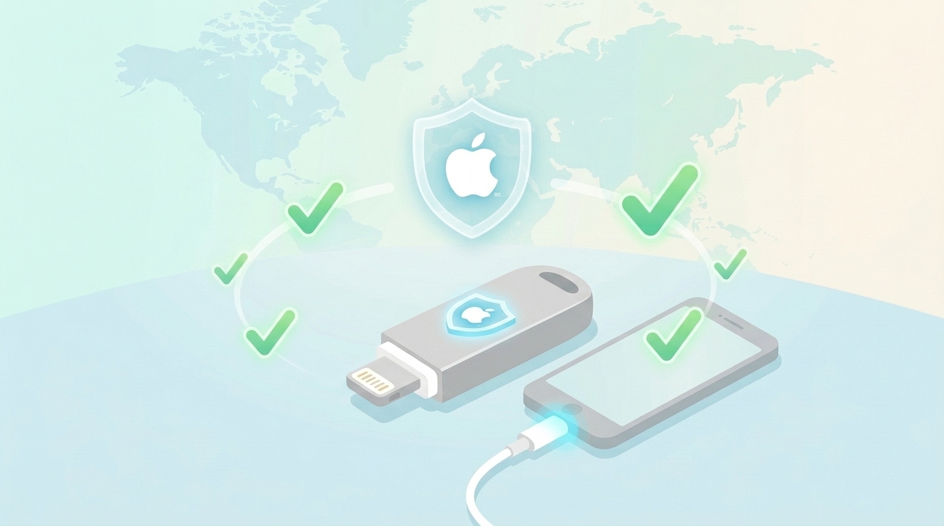 Apple認証シールドとiPhoneへの接続を示す安全性イラスト