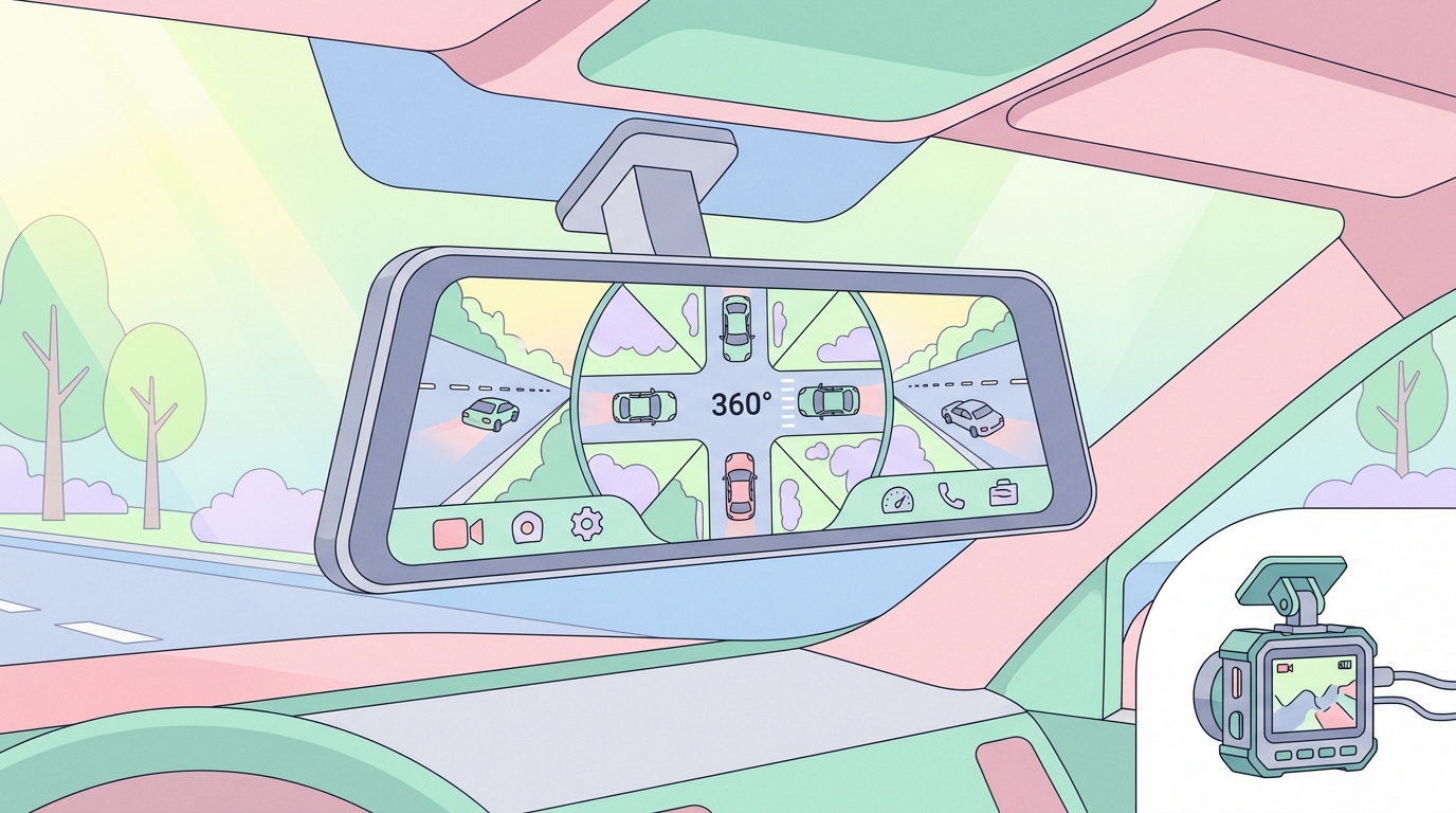 360度カメラ搭載ミラー型ドラレコのイラスト