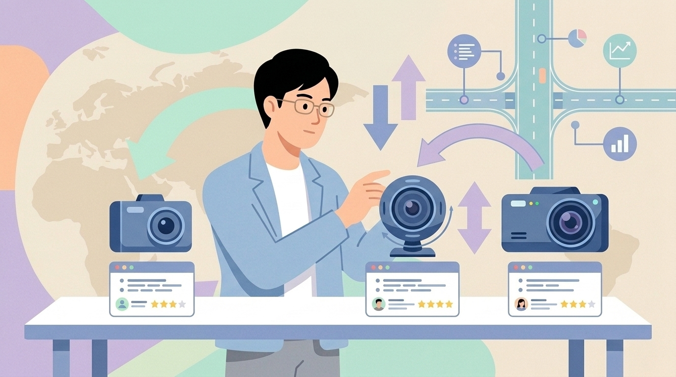 3つの異なるドラレコモデルを比較するイラスト